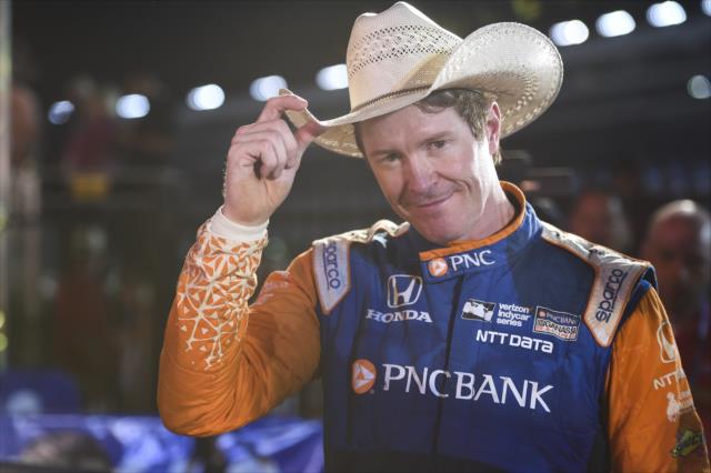 Scott Dixon with a tip of the cowboy hat in Victory Lane after winning the DXC Technology 600 at Texas Motor Speedway -- Photo by: Chris Owens