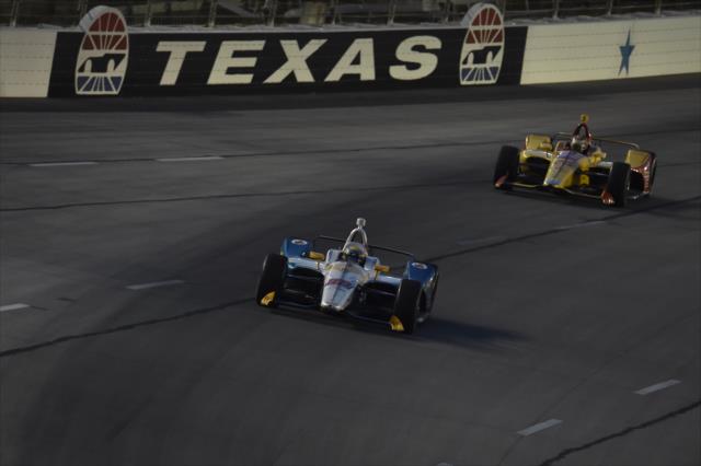 Gabby Chaves and Ryan Hunter-Reay dives into Turn 1 during the DXC Technology 600 at Texas Motor Speedway -- Photo by: Chris Owens