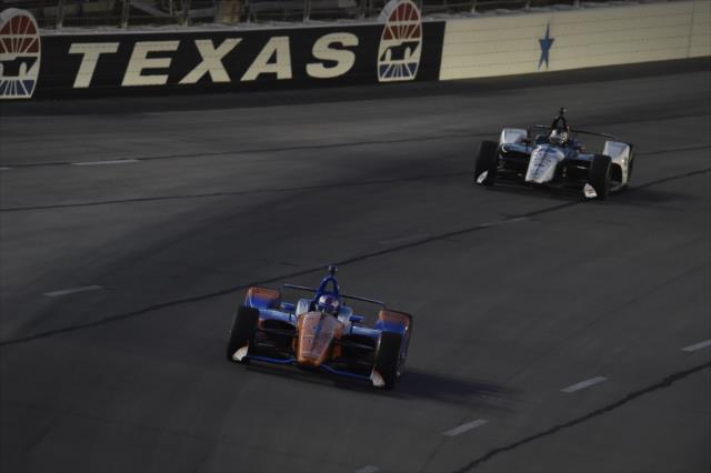 Scott Dixon and Graham Rahal dive into Turn 1 during the DXC Technology 600 at Texas Motor Speedway -- Photo by: Chris Owens