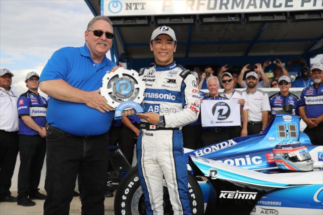 Takuma Sato celebrates after winning the NTT Data P1 Award for the DXC Technology 600 at the Texas Motor Speedway -- Photo by: Chris Jones