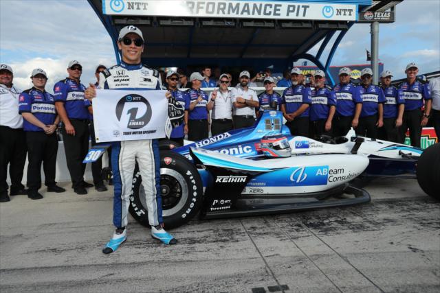 Takuma Sato celebrates after winning the NTT Data P1 Award for the DXC Technology 600 at the Texas Motor Speedway -- Photo by: Chris Jones