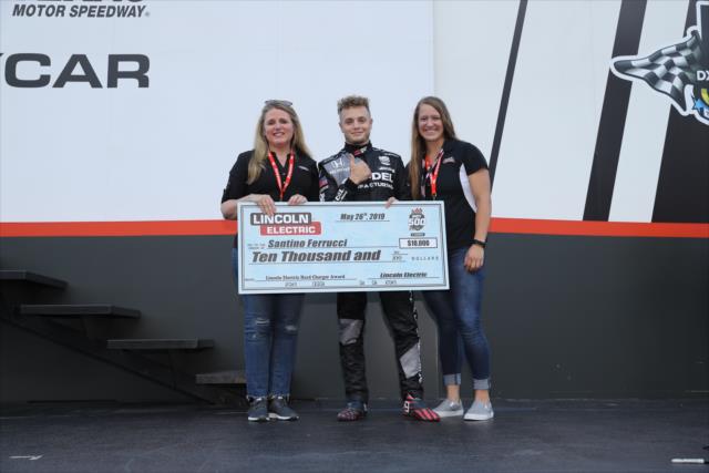 Santino Ferrucci receives the Lincoln Electric Hard Charger Award during pre-race ceremonies of the DXC Technology 600 at Texas Motor Speedway -- Photo by: Chris Jones