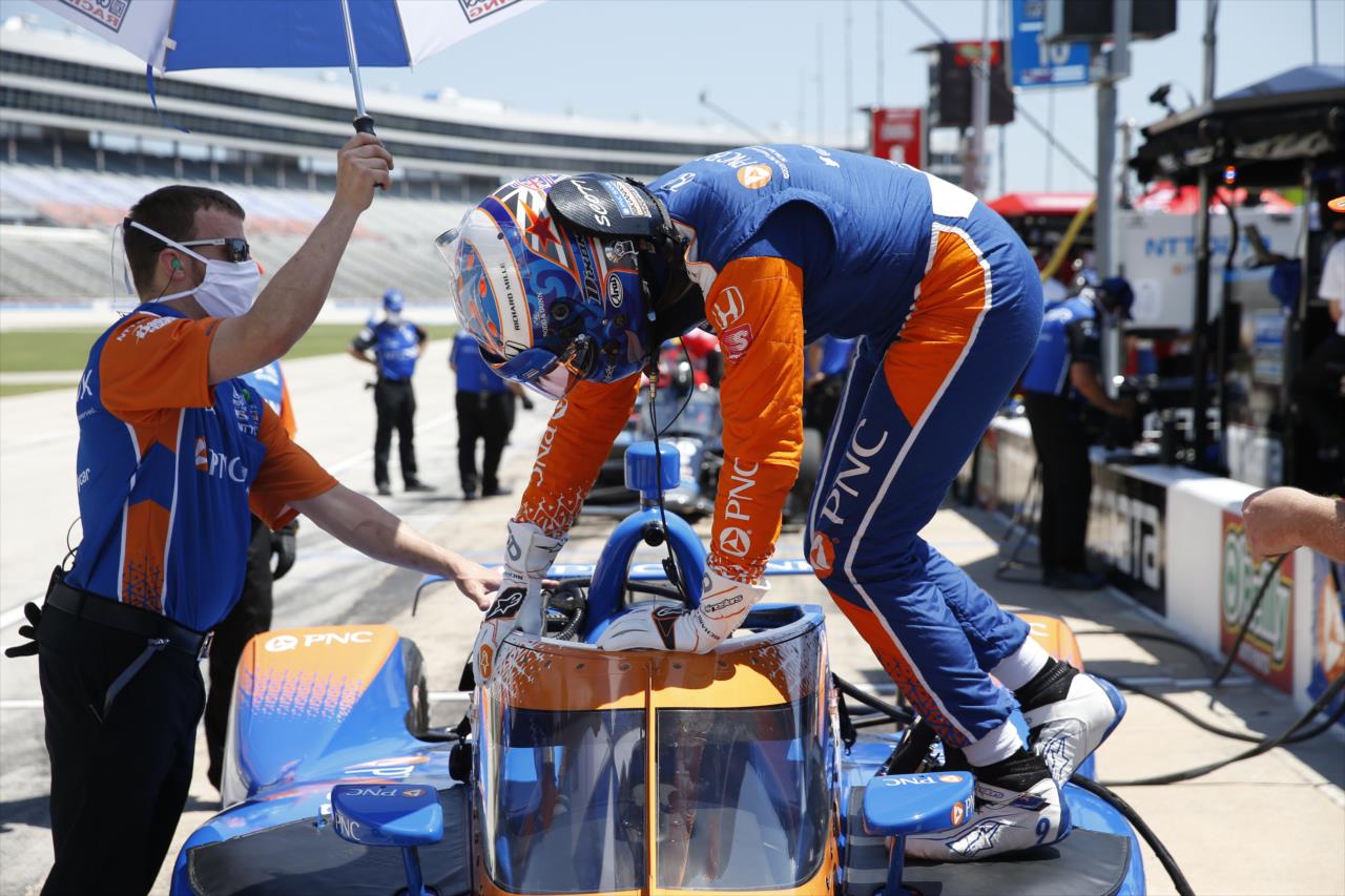Scott Dixon climbs into his car prior to practice for the Genesys 300 at Texas Motor Speedway Saturday, June 6, 2020 -- Photo by: Chris Jones
