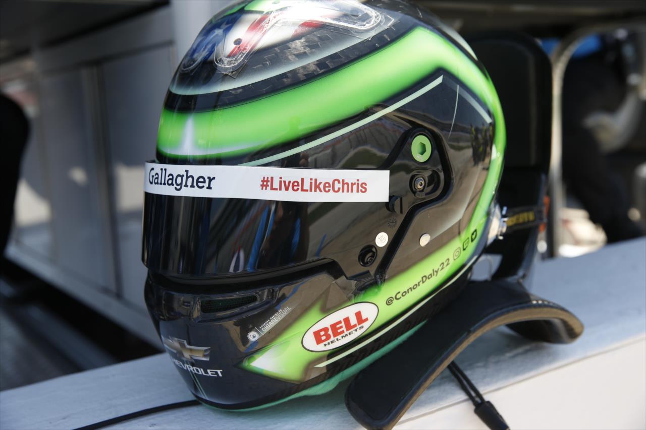Conor Daly's helmet with a #LiveLikeChris decal prior to practice for the Genesys 300 at Texas Motor Speedway Saturday, June 6, 2020 -- Photo by: Chris Jones