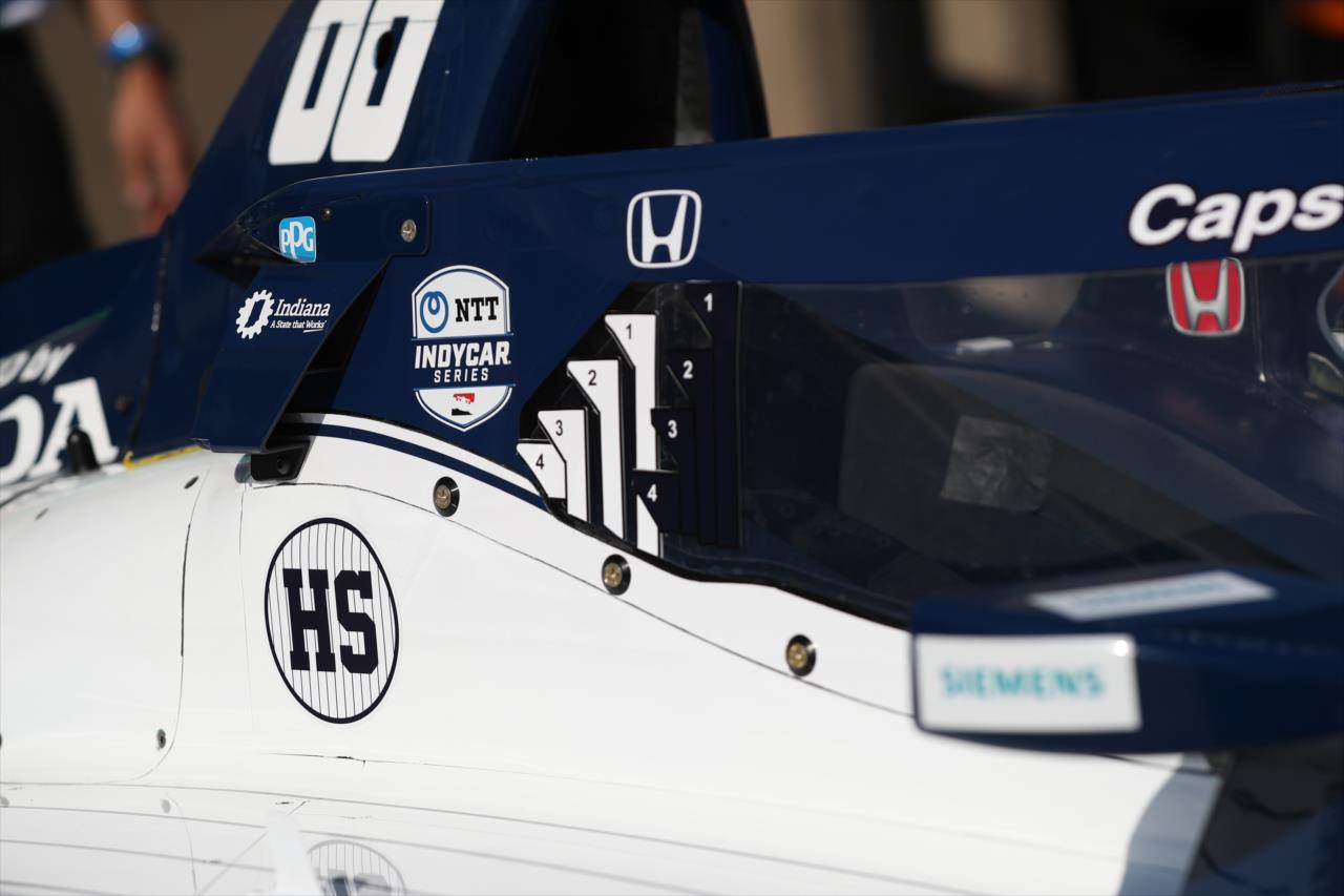 A decal to honor the late Hank Steinbrenner on the side of Colton Herta's car during practice for the Genesys 300 at Texas Motor Speedway Saturday, June 6, 2020 -- Photo by: Chris Owens