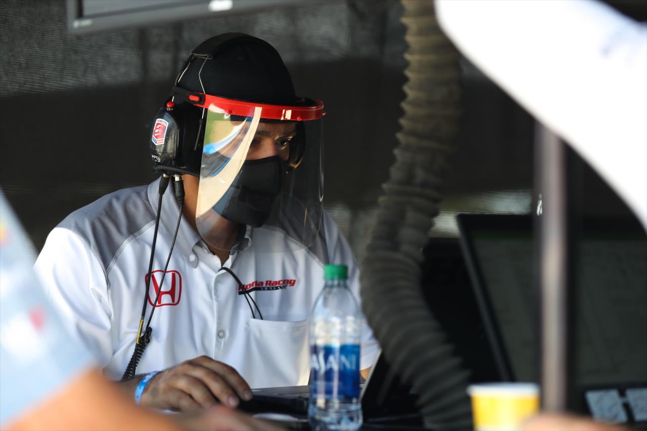 A Honda crew member on an Andretti Autosport car during practice for the Genesys 300 at Texas Motor Speedway Saturday, June 6, 2020 -- Photo by: Chris Owens