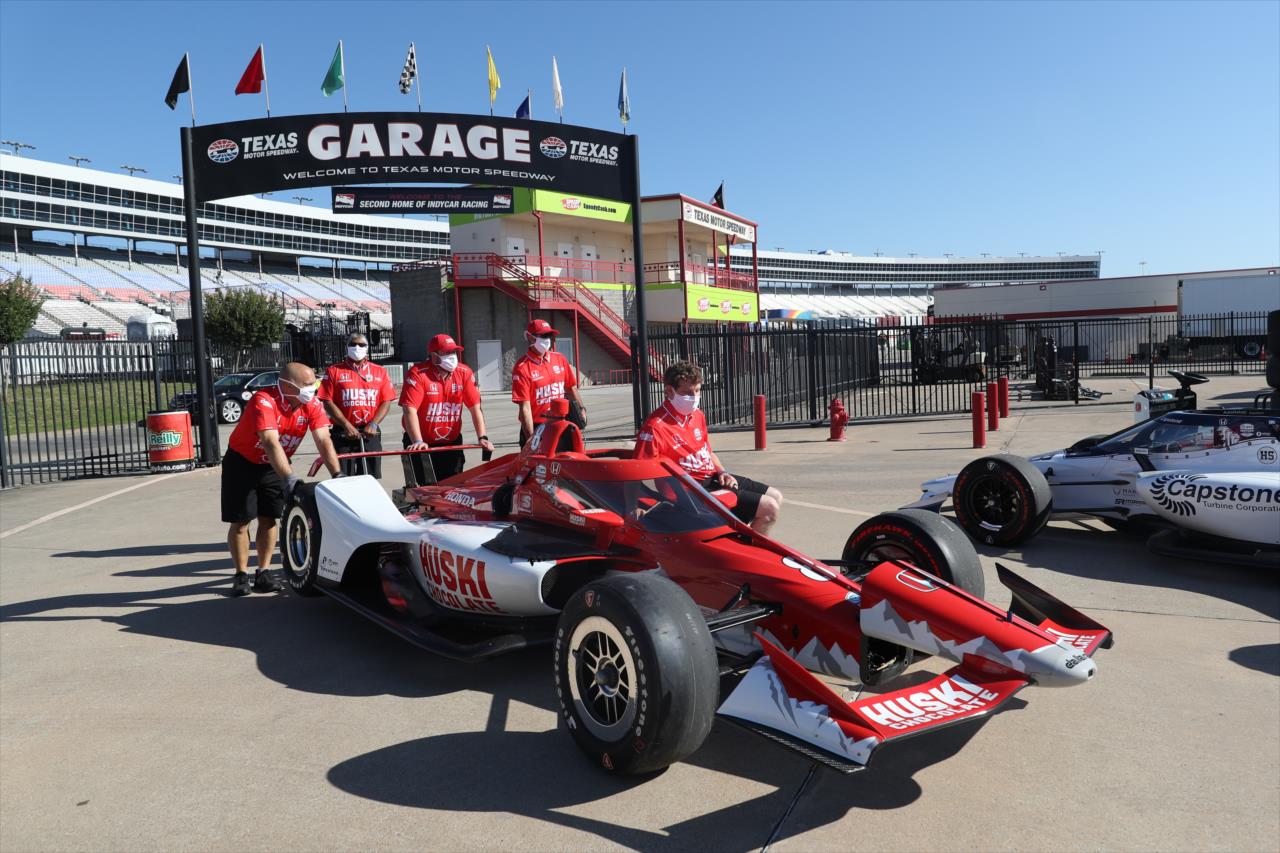 Marcus Ericsson's car being rolled through the garage during practice for the Genesys 300 at Texas Motor Speedway Saturday, June 6, 2020 -- Photo by: Chris Owens