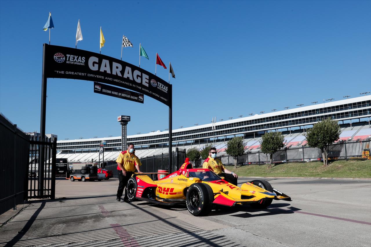 Ryan Hunter-Reay's crew pushes his car through the garages prior to the Genesys 300 at Texas Motor Speedway Saturday, June 6, 2020 -- Photo by: Joe Skibinski