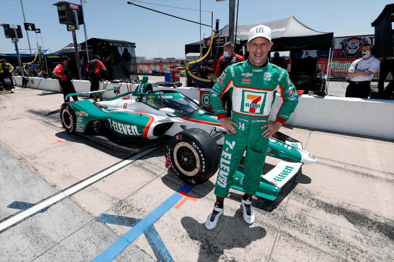 Tony Kanaan poses with his throwback 7-Eleven livery during practice for the Genesys 300 at Texas Motor Speedway Saturday, June 6, 2020 -- Photo by: Joe Skibinski