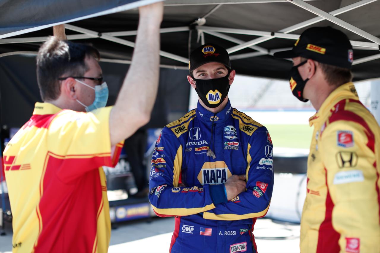 Alexander Rossi chats with Ryan Hunter-Reay during practice for the Genesys 300 at Texas Motor Speedway Saturday, June 6, 2020 -- Photo by: Joe Skibinski