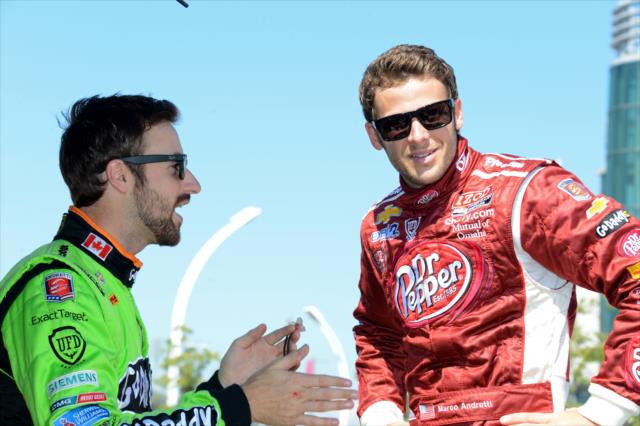 James Hinchcliffe and Marco Andretti share a laugh before practice -- Photo by: Chris Owens
