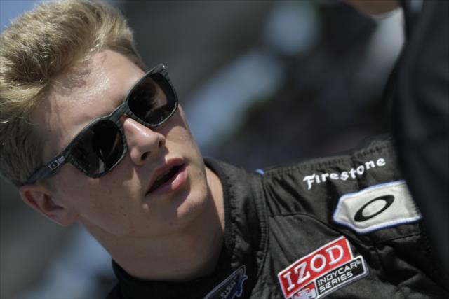 Josef Newgarden chats with his team during pre-race festivities in Toronto -- Photo by: Shawn Gritzmacher
