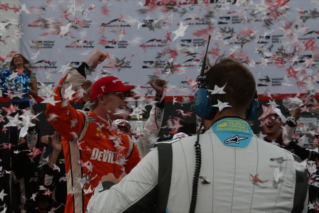 The confetti flies in Victory Circle as Josef Newgarden wins the Honda Indy Toronto -- Photo by: Chris Jones