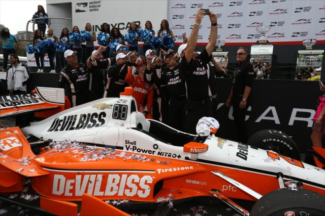 Josef Newgarden and Team Penske with a well-deserved selfie in Victory Circle after winning the Honda Indy Toronto -- Photo by: Chris Jones