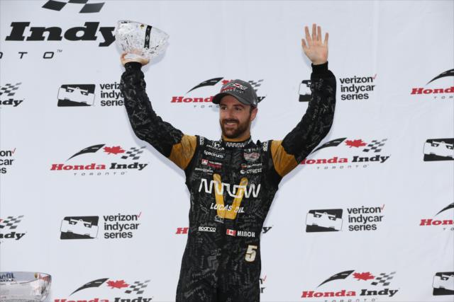 James Hinchcliffe waives to the Toronto fans from Victory Circle following his 3rd Place finish in the Honda Indy Toronto -- Photo by: Chris Jones