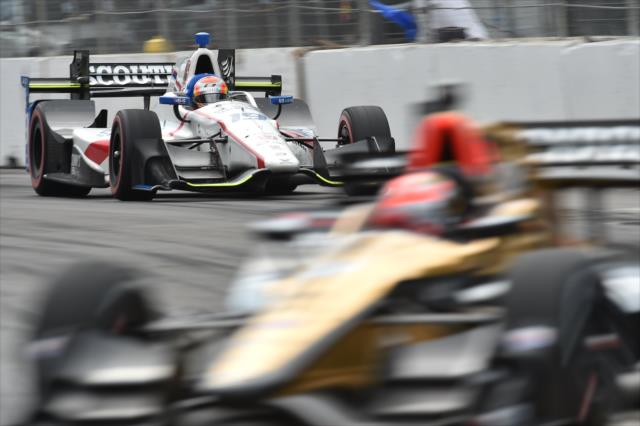 Ed Jones chases down James Hinchcliffe during the Honda Indy Toronto -- Photo by: Chris Owens