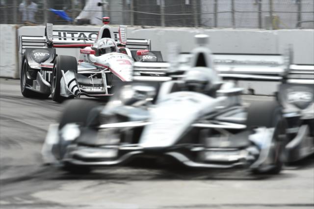 Helio Castroneves chases down teammate Simon Pagenaud during the Honda Indy Toronto -- Photo by: Chris Owens