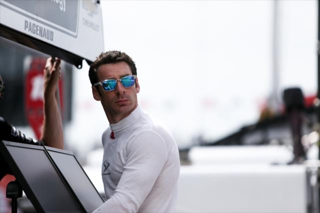 Simon Pagenaud looks across pit lane prior to the final warmup for the Honda Indy Toronto -- Photo by: Joe Skibinski