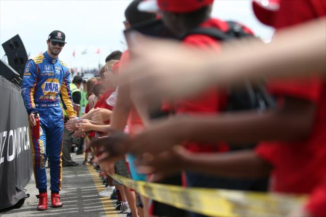 Alexander Rossi greets the fans during pre-race introductions for the Honda Indy Toronto -- Photo by: Joe Skibinski