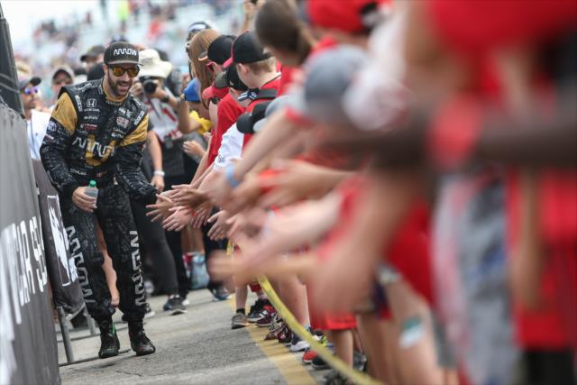 James Hinchcliffe greets his fellow Canadians during pre-race introductions for the Honda Indy Toronto -- Photo by: Joe Skibinski