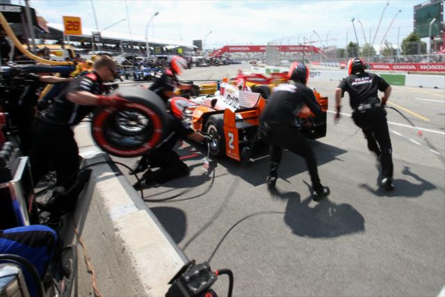 Team Penske go to work on Josef Newgarden's machine during the final warmup for the Honda Indy Toronto -- Photo by: Joe Skibinski