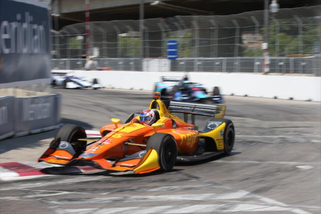 Zach Veach hammers the apex of Turn 8 during the final warmup for the Honda Indy Toronto -- Photo by: Chris Jones