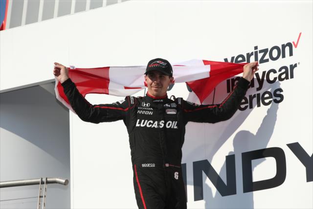 Canadian Robert Wickens is introduced to the podium after his 3rd Place finish in the Honda Indy Toronto -- Photo by: Chris Jones