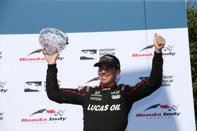 Robert Wickens celebrates his 3rd Place finish in Victory Circle following the Honda Indy Toronto -- Photo by: Chris Jones