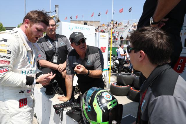 Driver coach Al Unser Jr. chats with Conor Daly and Gabby Chaves on pit lane prior to the final warmup for the Honda Indy Toronto -- Photo by: Chris Jones
