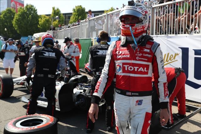 Graham Rahal steps out of his car while repairs are made during the Honda Indy Toronto -- Photo by: Chris Jones
