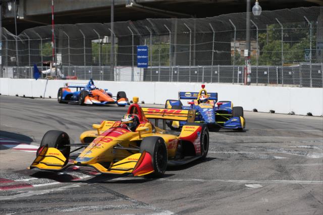 Ryan Hunter-Reay, Alexander Rossi, and Scott Dixon charge into Turn 8 during the final warmup for the Honda Indy Toronto -- Photo by: Chris Jones