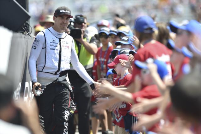 Canadian Robert Wickens greets some young fans during pre-race introductions for the Honda Indy Toronto -- Photo by: Chris Owens