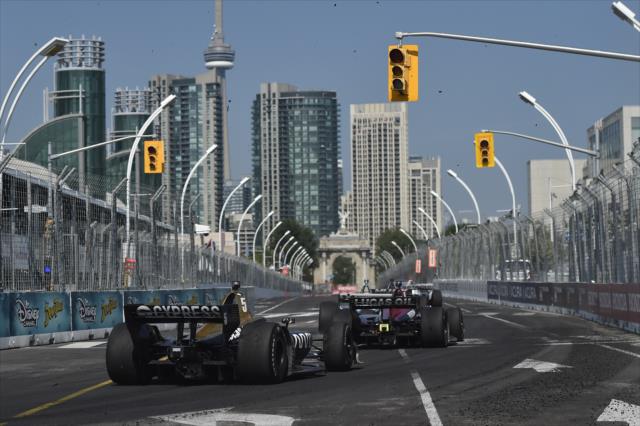 Teammates James Hinchcliffe and Robert Wickens chase down the leaders exiting Turn 11 during the Honda Indy Toronto -- Photo by: Chris Owens