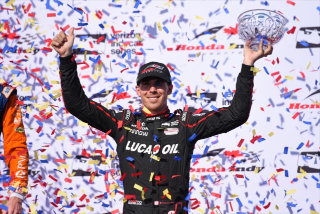 Robert Wickens celebrates his 3rd Place finish in Victory Circle following the Honda Indy Toronto -- Photo by: James  Black