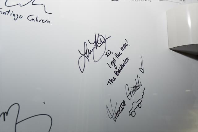 The signatures of Lauren Burnham and Vanessa Grimaldi on the Indy Racing Experience transporter in Toronto -- Photo by: James  Black