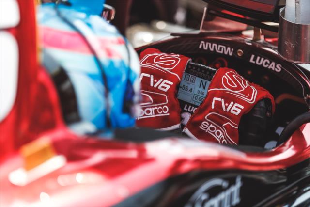 The gloves of Robert Wickens sit on his steering wheel on pit lane prior to the start of the final warmup for the Honda Indy Toronto -- Photo by: Joe Skibinski