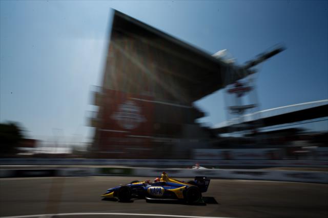 Alexander Rossi rolls into pit lane during the final warmup for the Honda Indy Toronto -- Photo by: Joe Skibinski
