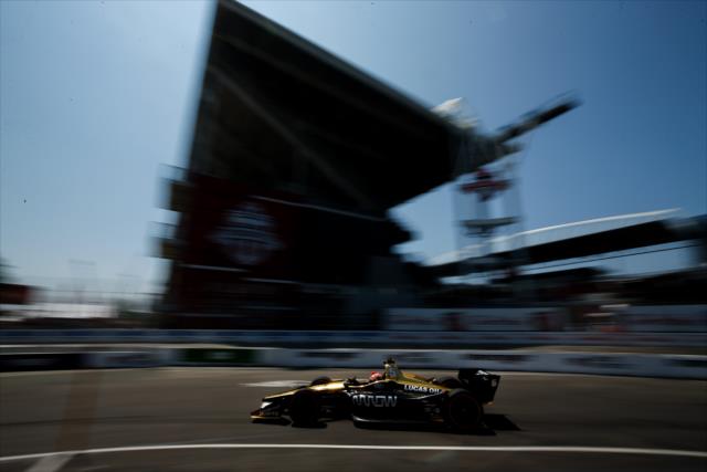 James Hinchcliffe rolls into pit lane during the final warmup for the Honda Indy Toronto -- Photo by: Joe Skibinski