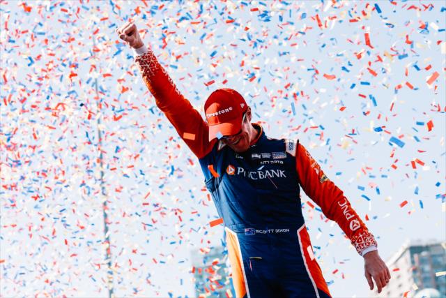 Scott Dixon celebrates in Victory Circle after winning the Honda Indy Toronto -- Photo by: Joe Skibinski