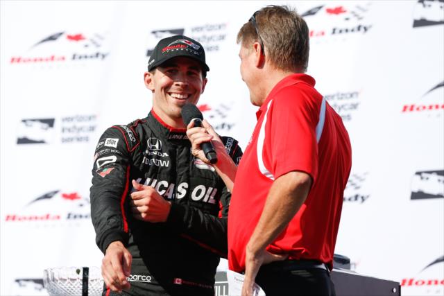 Robert Wickens is interview in Victory Circle after his 3rd Place finish in the Honda Indy Toronto -- Photo by: Joe Skibinski