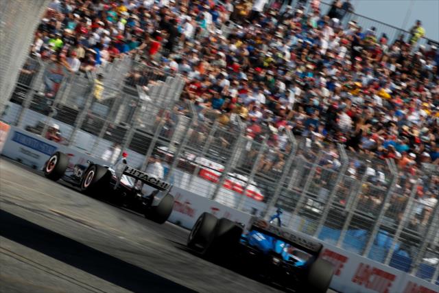 Josef Newgarden and Scott Dixon roar out of Turn 11 during the Honda Indy Toronto -- Photo by: Joe Skibinski