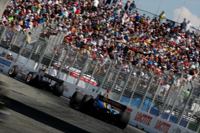 Will Power and Alexander Rossi roar out of Turn 11 during the Honda Indy Toronto -- Photo by: Joe Skibinski
