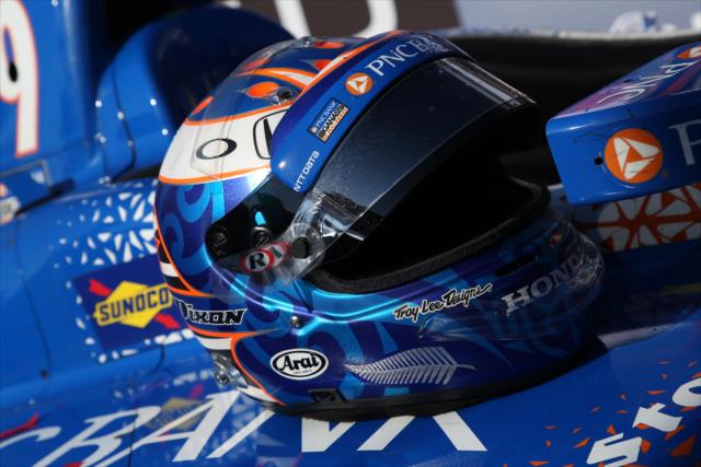 The helmet of Scott Dixon sits on the No. 9 PNC Bank Honda in Victory Circle after winning the Honda Indy Toronto -- Photo by: Matt Fraver
