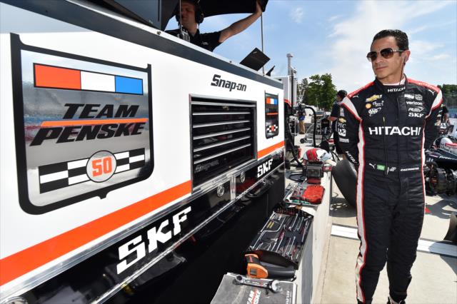 Helio Castroneves waits along pit lane during the tire test at Watkins Glen International -- Photo by: Chris Owens