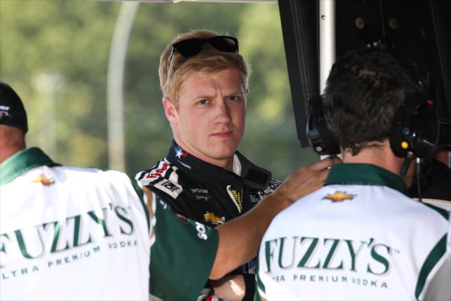 Spencer Pigot waits in his pit stand prior to qualifications for the INDYCAR Grand Prix at The Glen at Watkins Glen International -- Photo by: Bret Kelley