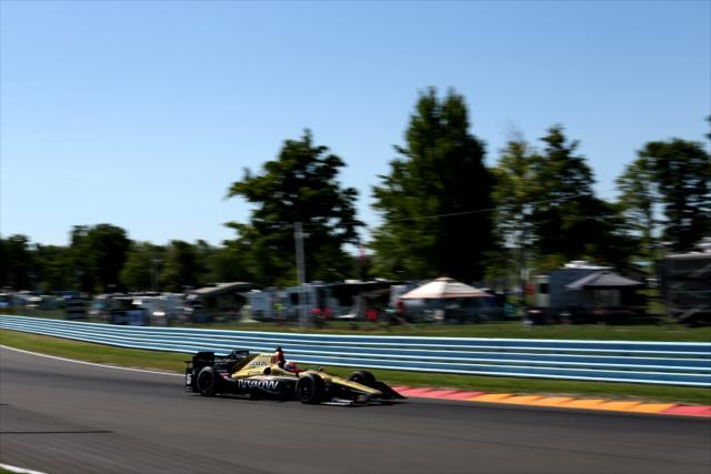 James Hinchcliffe dives into Turn 10 during practice for the INDYCAR Grand Prix at The Glen at Watkins Glen International -- Photo by: Chris Jones