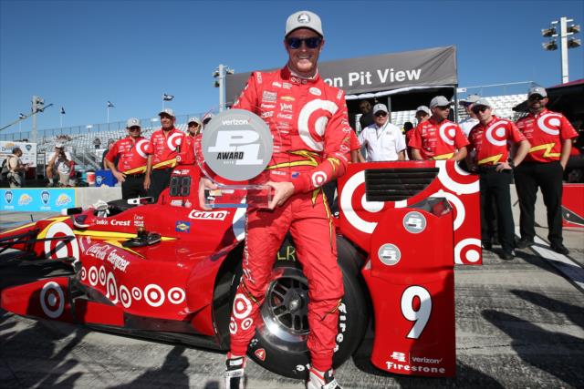 Scott Dixon with the Verizon P1 Award trophy for claiming the pole position for the INDYCAR Grand Prix at The Glen at Watkins Glen International -- Photo by: Chris Jones