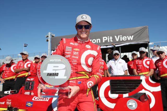 Scott Dixon with the Verizon P1 trophy for claiming the pole position for the INDYCAR Grand Prix at The Glen at Watkins Glen International -- Photo by: Chris Jones