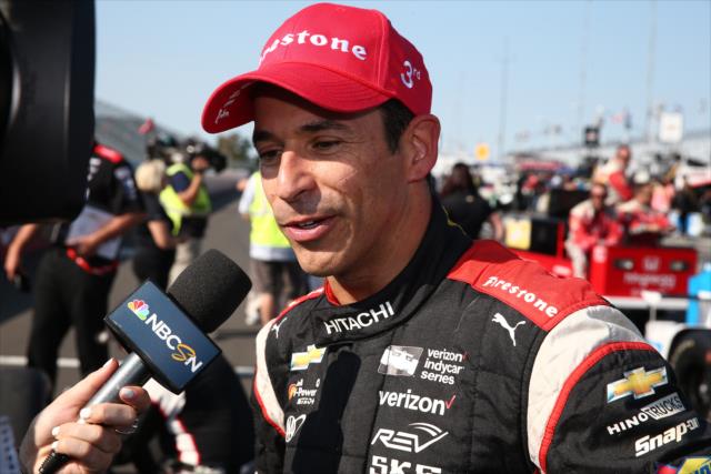 Helio Castroneves is interviewed by the media following his 3rd Place finish in the INDYCAR Grand Prix at The Glen from Watkins Glen International -- Photo by: Bret Kelley