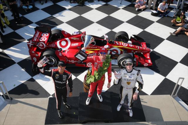 The podium of Scott Dixon, Helio Castroneves, and Josef Newgarden hoist their trophies in Victory Lane following the INDYCAR Grand Prix at The Glen from Watkins Glen International -- Photo by: Bret Kelley